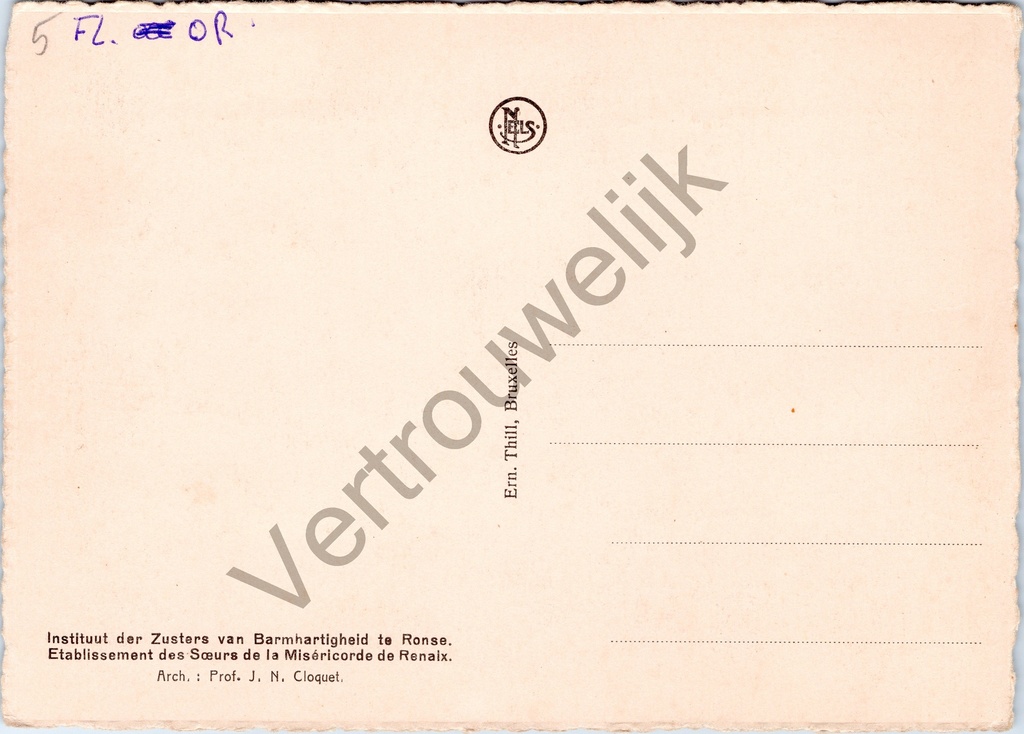 Ronse - "Sancta Maria : Zuid- en Westervleugel" - Instituut der Zusters – achterzijde van de originele postkaart
