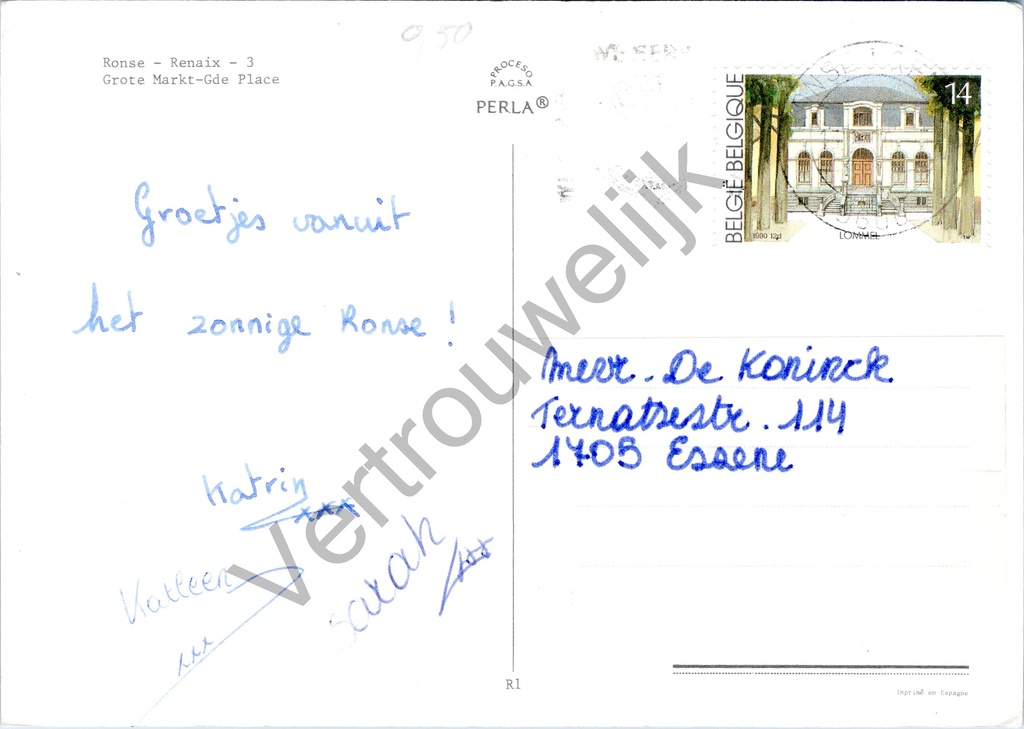Ronse - "Grote Markt-Gde Place" - Grote Markt met oorlogsmonument – achterzijde van de originele postkaart