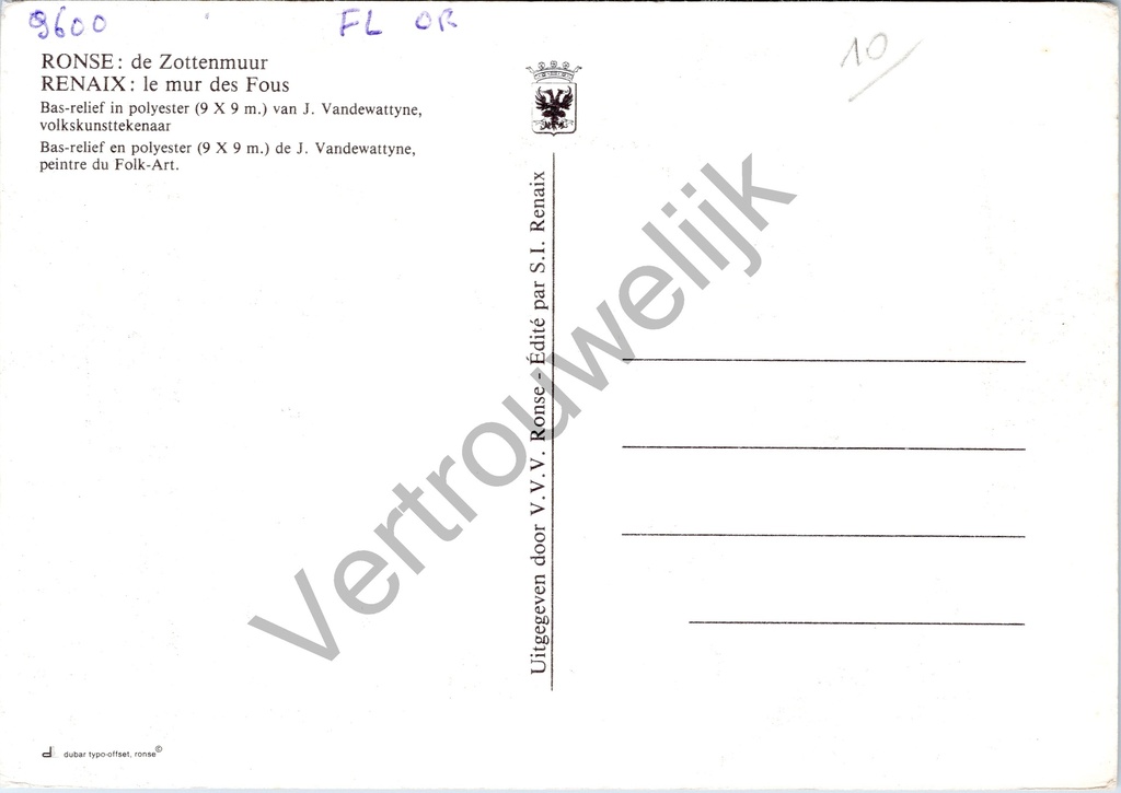 Ronse - "de Zottenmuur / le mur des Fous" - Bas-reliëf muurschildering – achterzijde van de originele postkaart