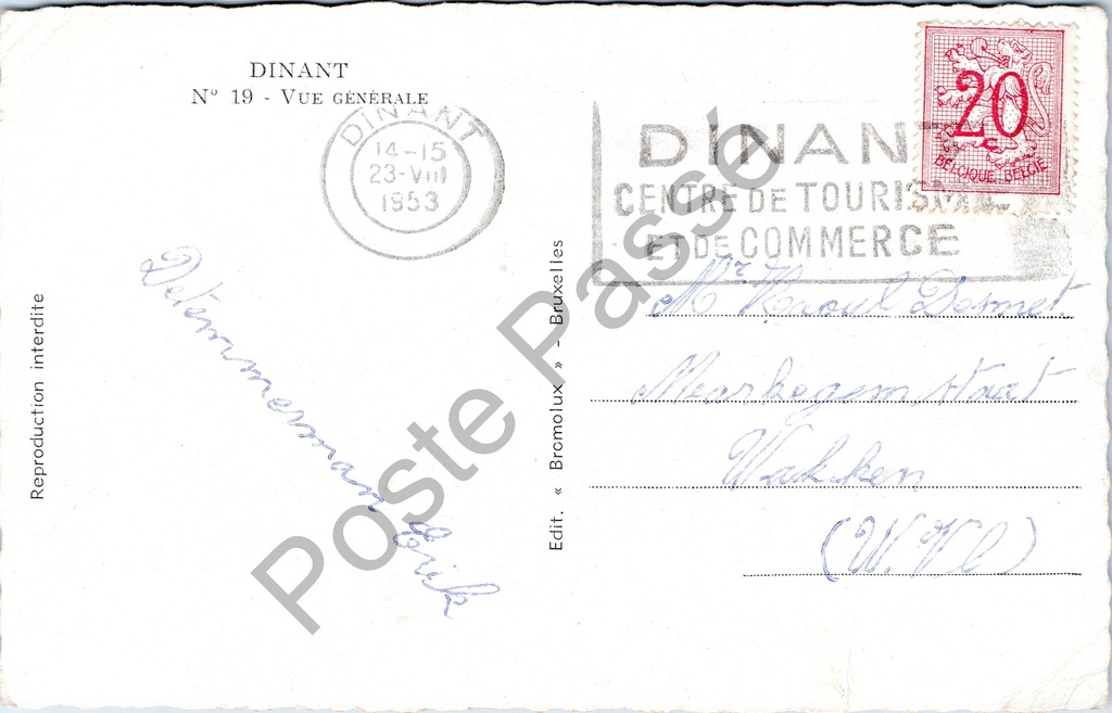Dinant - "Vue Générale" - Algemeen zicht op Dinant – achterzijde van de originele postkaart