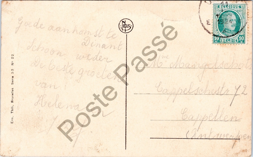 Dinant - "Vue de la Meuse en Amont" - Panoramisch zicht op de Maas stroomopwaarts – achterzijde van de originele postkaart