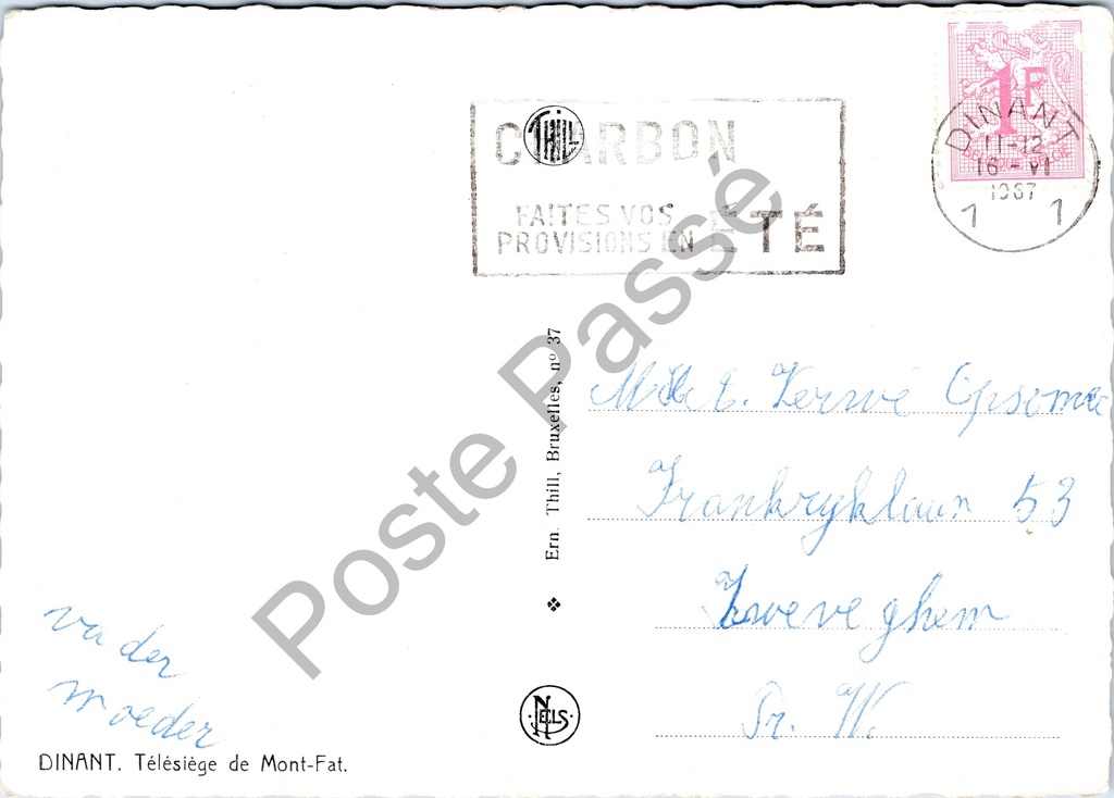Dinant - "Télesiège de Mont-Fat" - Stoeltjeslift van Mont-Fat – achterzijde van de originele postkaart