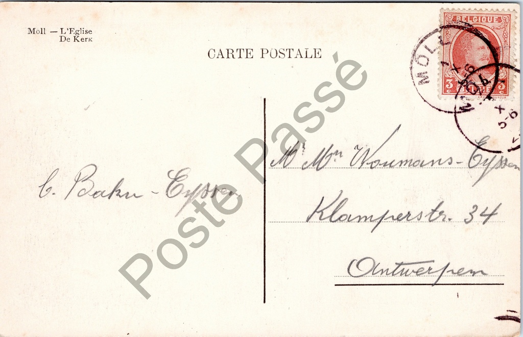 Mol - "Moll – L'Eglise / De Kerk" - De Kerk – achterzijde van de originele postkaart