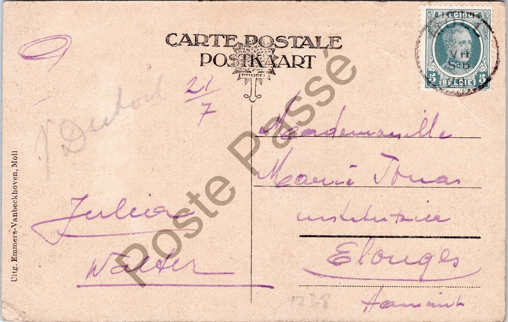 Mol - "Kempische woning - Habitation campinoise" - Kempische boerenwoning – achterzijde van de originele postkaart