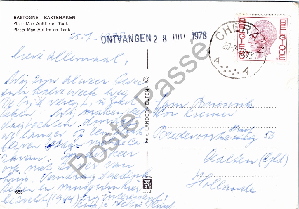 Bastogne - "Place Mac Auliffe et Tank" - Plaats Mac Auliffe met tank – achterzijde van de originele postkaart