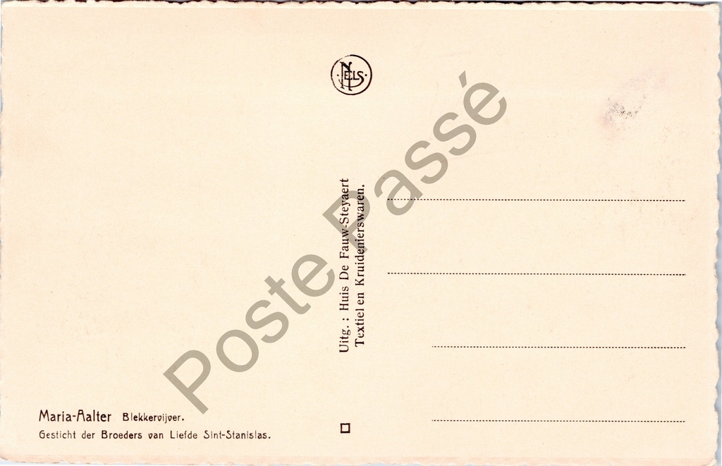 Maria-Aalter - "Blekkervijver. Gesticht der Broeders van Liefde Sint-Stanislas." – achterzijde van de originele postkaart