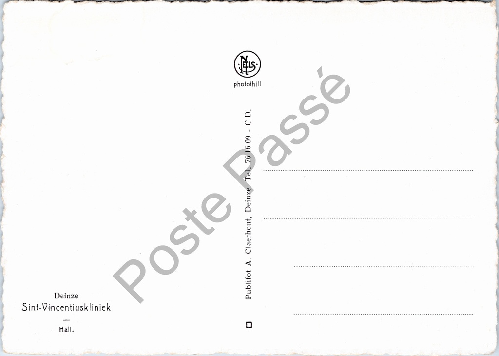 Deinze - "Sint-Vincentiuskliniek - Hall" - Inkomhal van de Sint-Vincentiuskliniek – achterzijde van de originele postkaart
