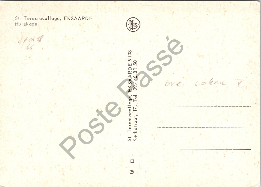 Eksaarde - "Huiskapel" - Interieur huiskapel van het St. Teresiacollege – achterzijde van de originele postkaart
