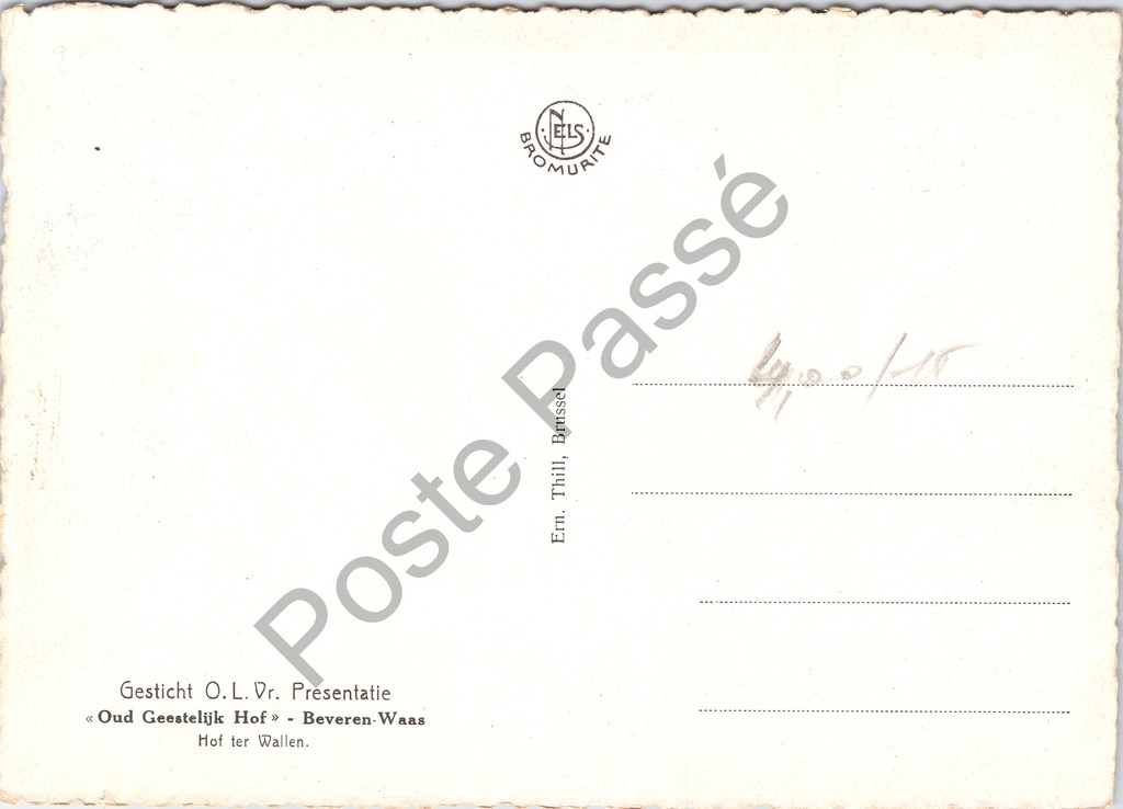 Beveren - "Oud Geestelijk Hof" - Hof ter Wallen weerspiegeld in de slotgracht – achterzijde van de originele postkaart