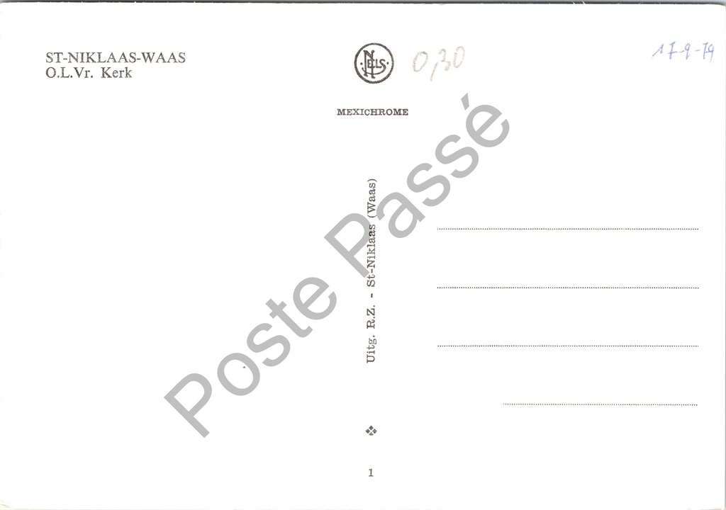 Sint-Niklaas - "O.L.Vr. Kerk" - Onze-Lieve-Vrouwkerk met toren – achterzijde van de originele postkaart
