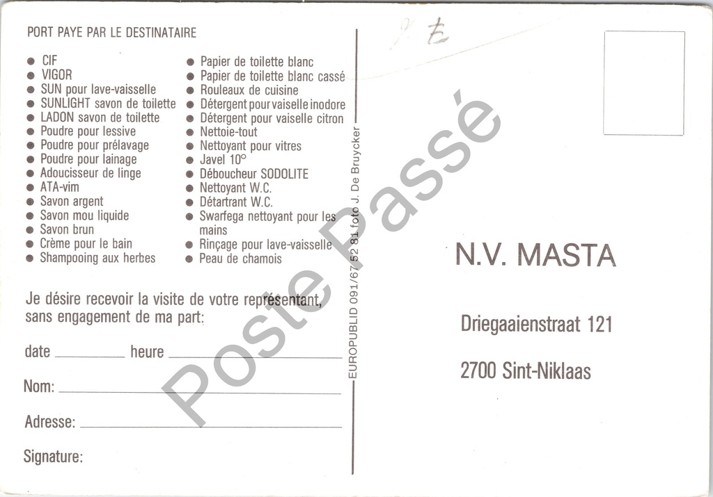 Sint-Niklaas - "MASTA PRODUKTEN" - Reclamekaart met wagenpark – achterzijde van de originele postkaart