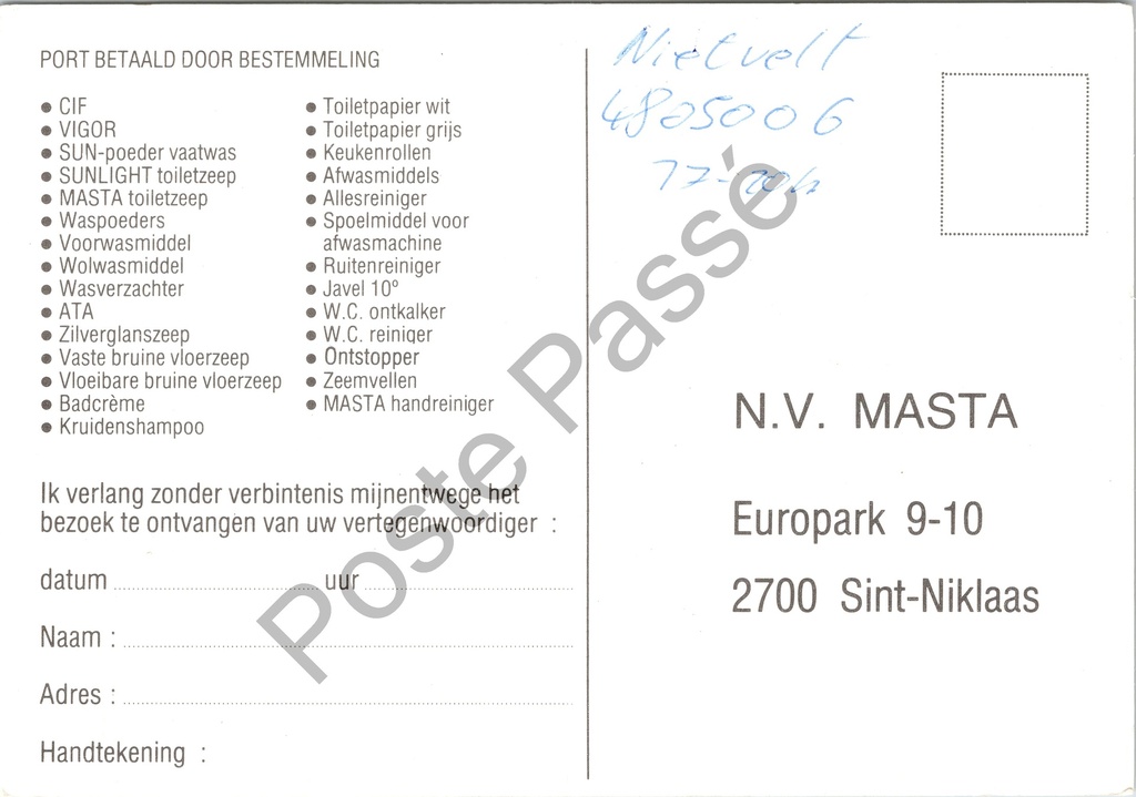 Sint-Niklaas - "MASTA PRODUKTEN" - Reclamkaart met bestelwagens en productengamma – achterzijde van de originele postkaart