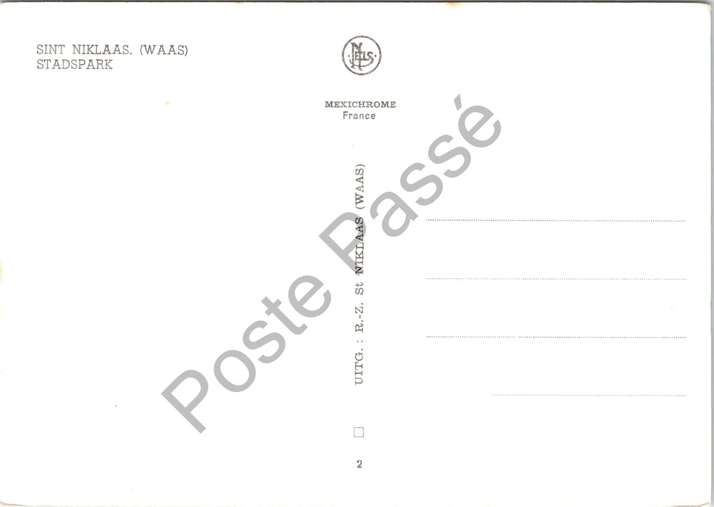 Sint-Niklaas - "STADSPARK" - Stadspark met siertuin en brug – achterzijde van de originele postkaart