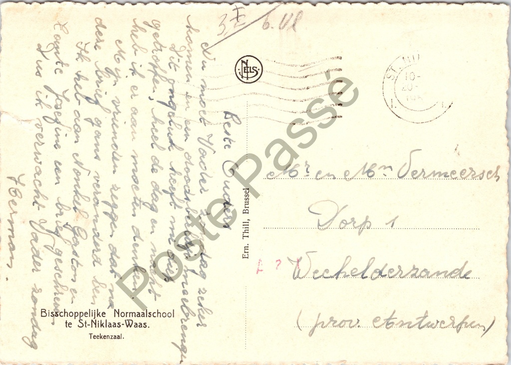 Sint-Niklaas - "Bisschoppelijke Normaalschool te St-Niklaas-Waas. Teekenzaal." – achterzijde van de originele postkaart