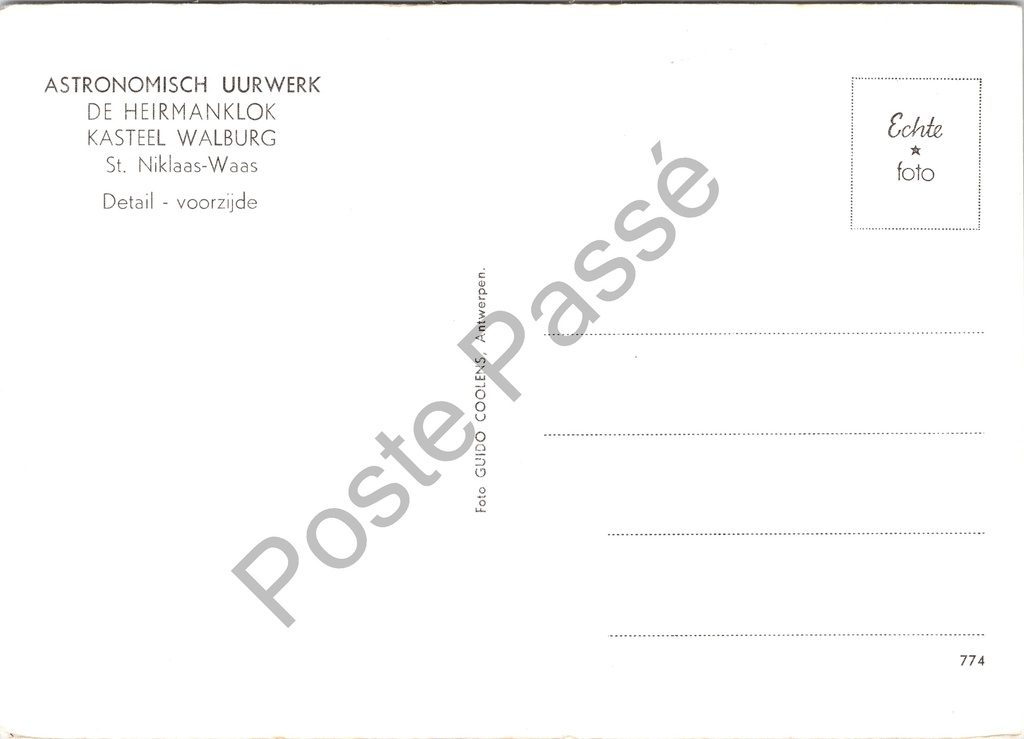 Sint-Niklaas - "Astronomisch Uurwerk De Heirmanklok Kasteel Walburg" - Detail – achterzijde van de originele postkaart