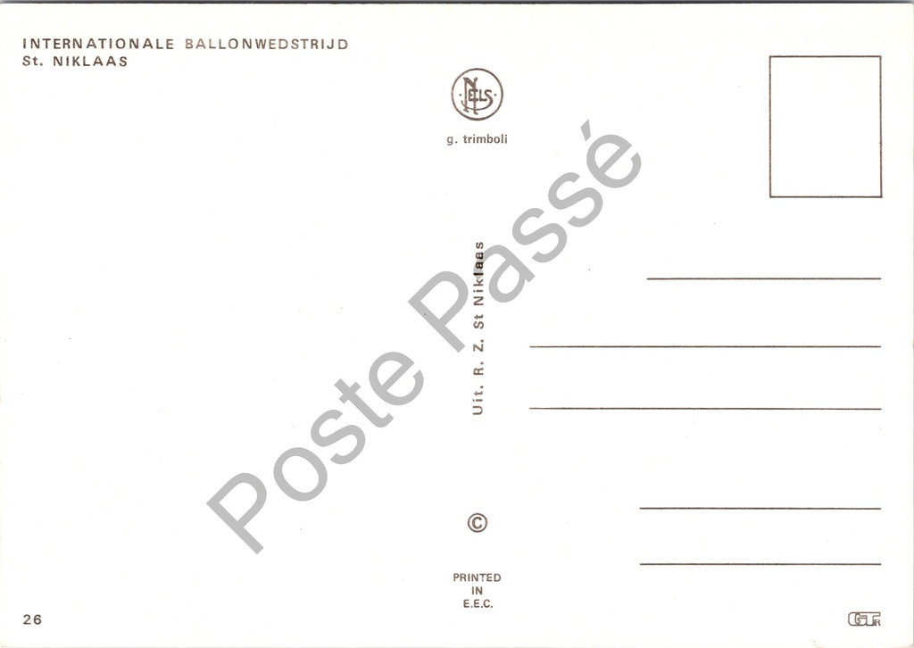 Sint-Niklaas - "Internationale Ballonwedstrijd" - Heteluchtballonnen boven de Grote – achterzijde van de originele postkaart