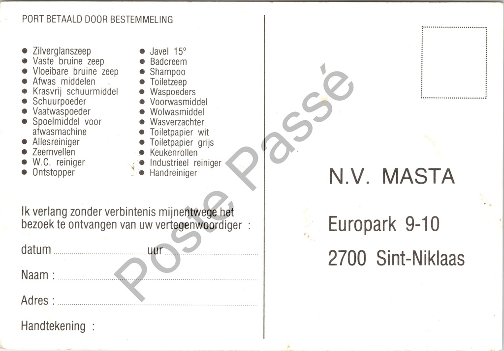 Sint-Niklaas - "MASTA PRODUKTEN" - Reclamekaart reinigingsmiddelenbedrijf met vloot – achterzijde van de originele postkaart