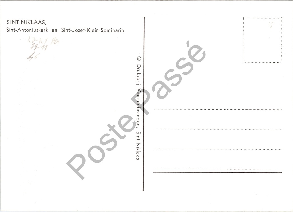 Sint-Niklaas - "Sint-Antoniuskerk en Sint-Jozef-Klein-Seminarie" - Pentekening – achterzijde van de originele postkaart