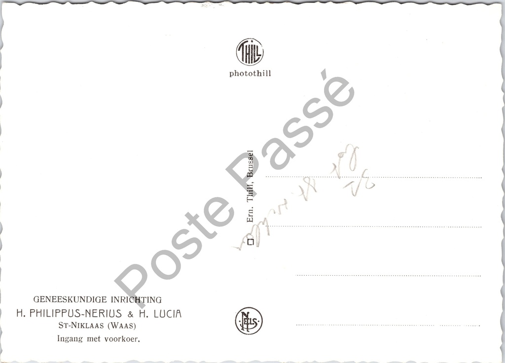 Sint-Niklaas - "Ingang met voorkoer" - Geneeskundige Inrichting H. Philippus-Nerius – achterzijde van de originele postkaart