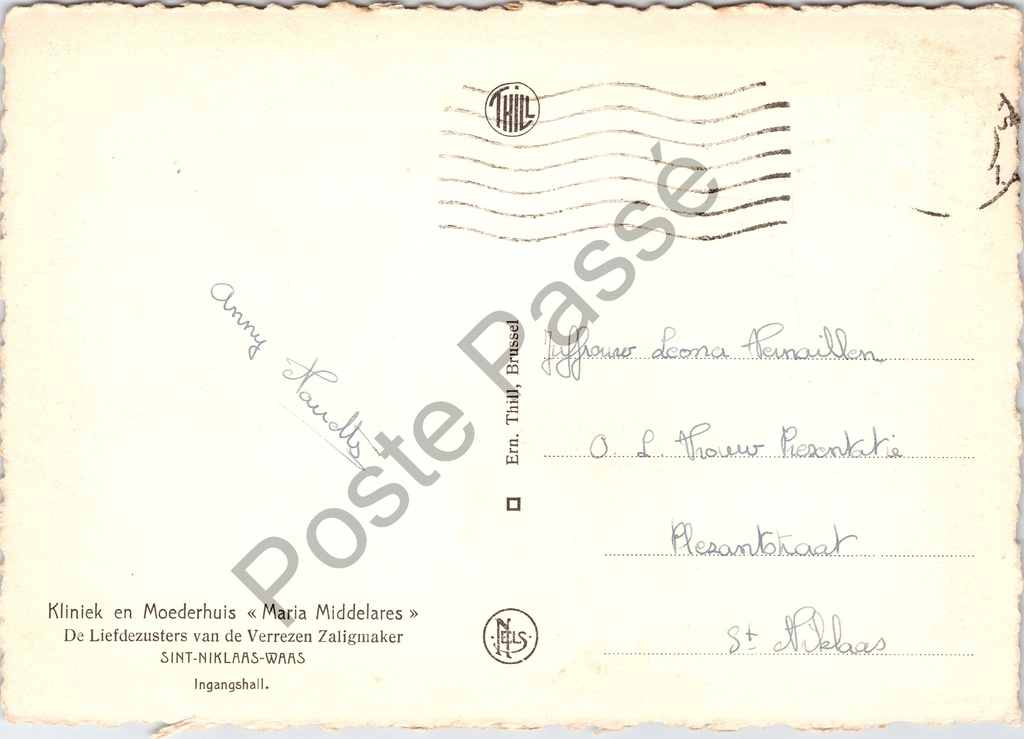 Sint-Niklaas - "Kliniek en Moederhuis «Maria Middelares»" - Ingangshall – achterzijde van de originele postkaart