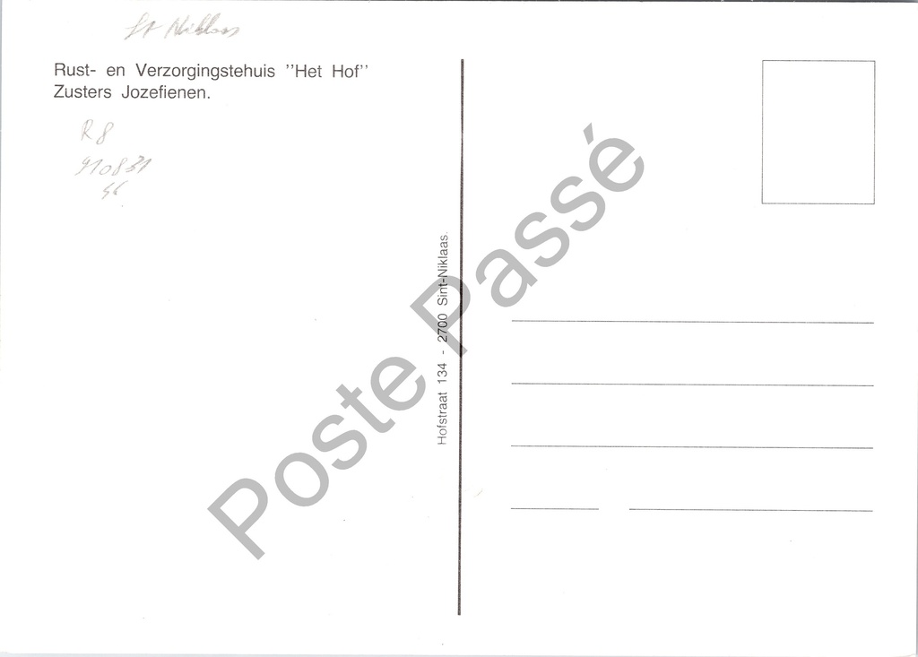 Sint-Niklaas - "Rust- en Verzorgingstehuis ''Het Hof'' Zusters Jozefienen." - Rust – achterzijde van de originele postkaart