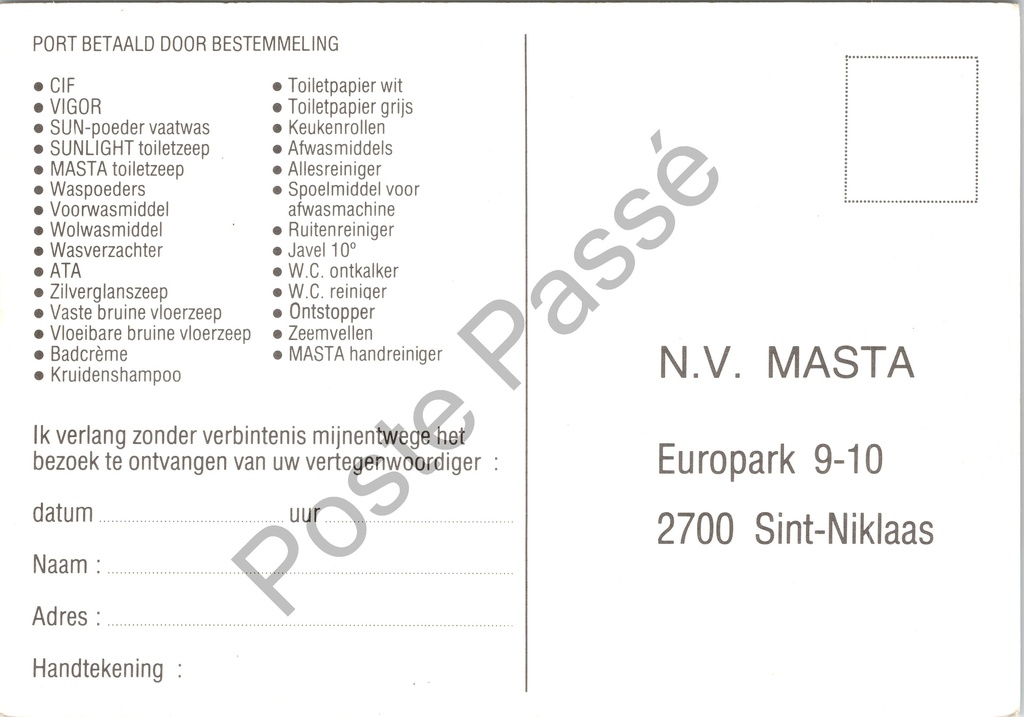 Sint-Niklaas - "MASTA PRODUKTEN" - Bedrijfswagenpark van reinigingsproductenfirma – achterzijde van de originele postkaart