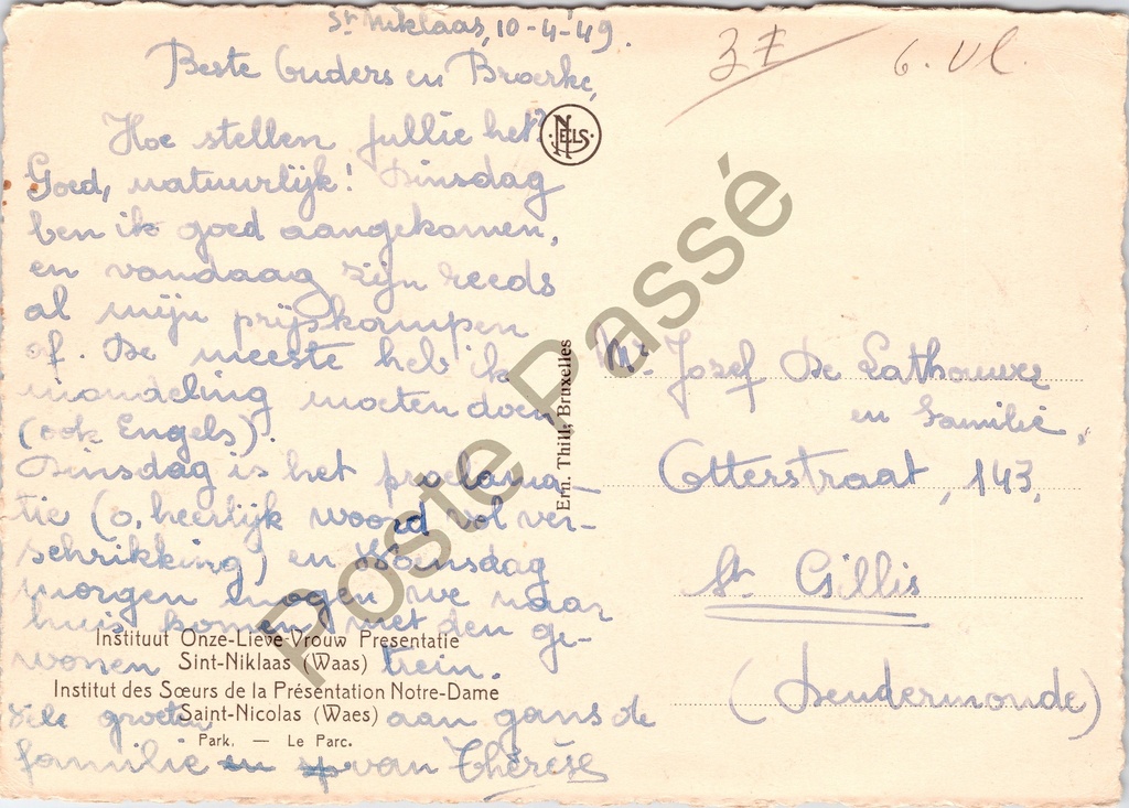 Sint-Niklaas - "Park. — Le Parc." - Park van het Instituut Onze-Lieve-Vrouw – achterzijde van de originele postkaart