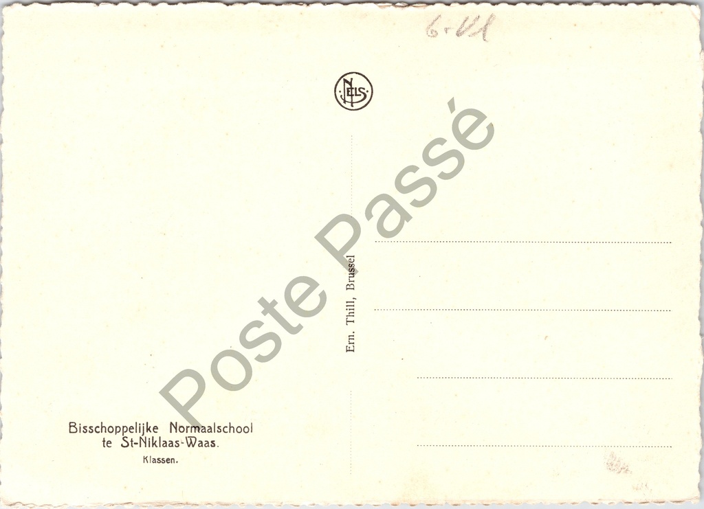 Sint-Niklaas - "Bisschoppelijke Normaalschool te St-Niklaas-Waas. Klassen." - Gang – achterzijde van de originele postkaart