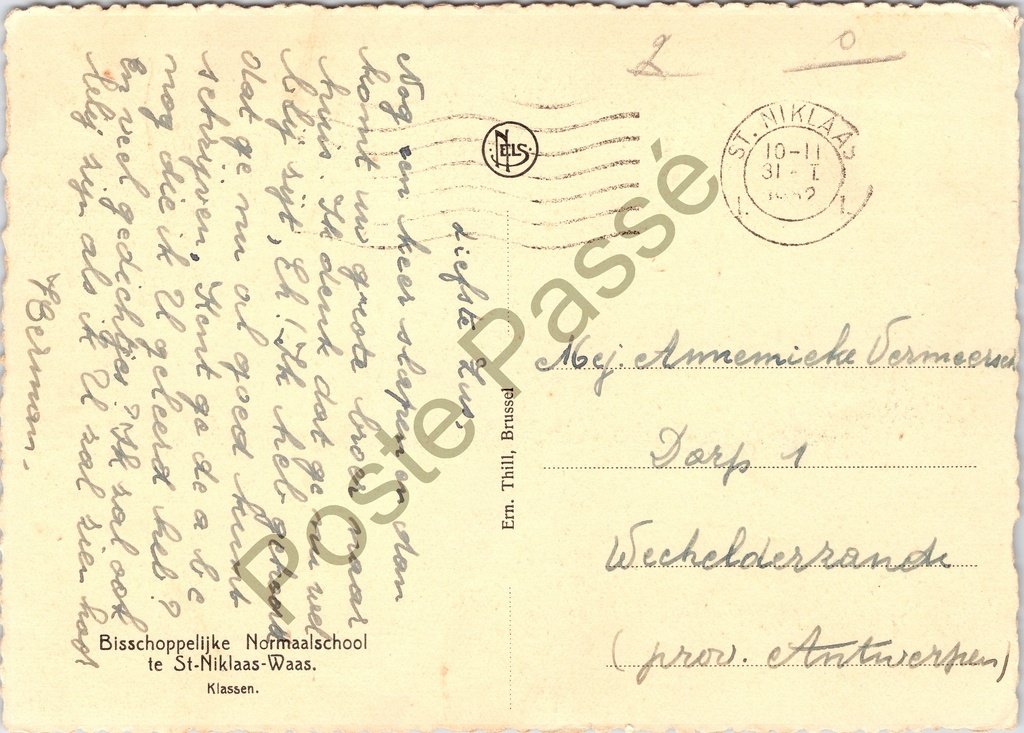 Sint-Niklaas - "Bisschoppelijke Normaalschool te St-Niklaas-Waas. Klassen." - Gang – achterzijde van de originele postkaart