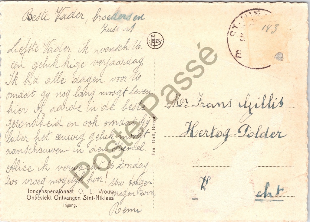 Sint-Niklaas - "Jongenspensionaat O. L. Vrouw Onbevlekt Ontvangen - Ingang" - Art – achterzijde van de originele postkaart
