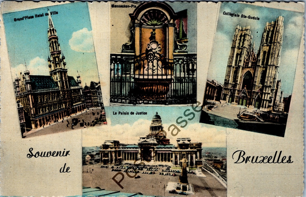 [Brussel0674] Brussels - "Souvenir de Bruxelles" - multi-image map with Grand Place, Manneken Pis, Saint Gudula and Palais de Justice