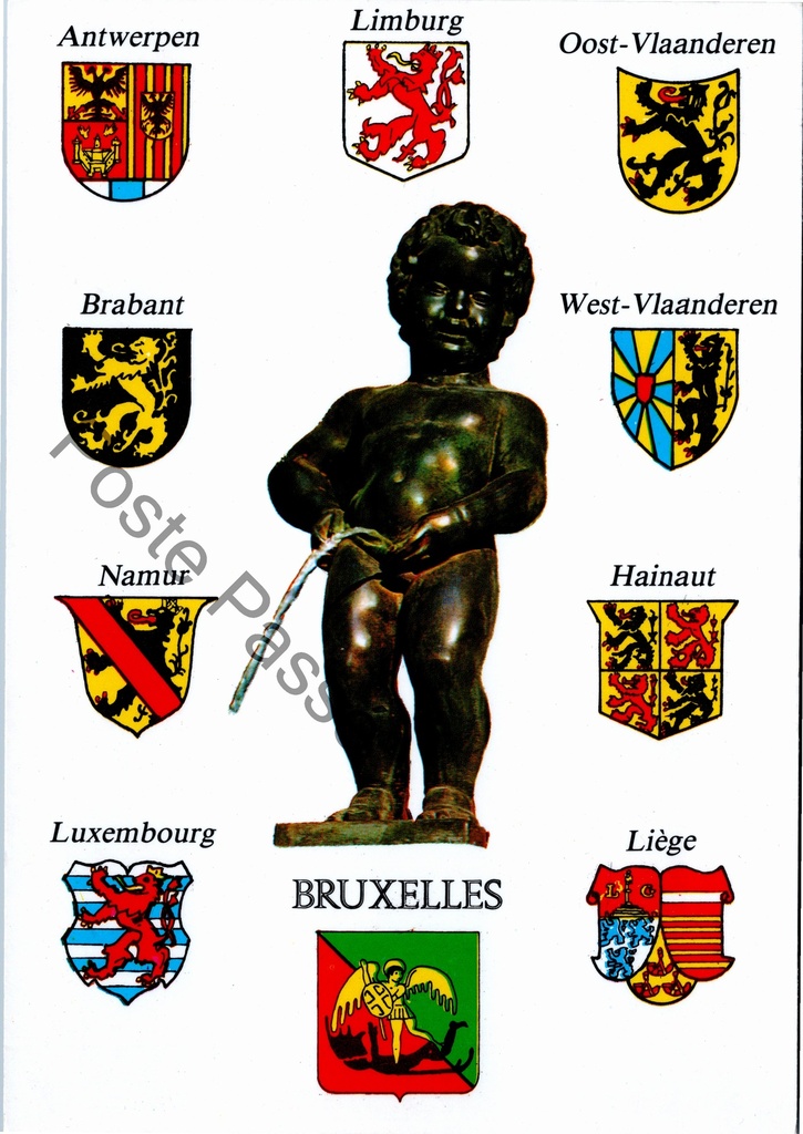 [Brussel0028.jpg] Brussel - "BRUXELLES" - Manneken Pis met wapens van de 9 Belgische provincies