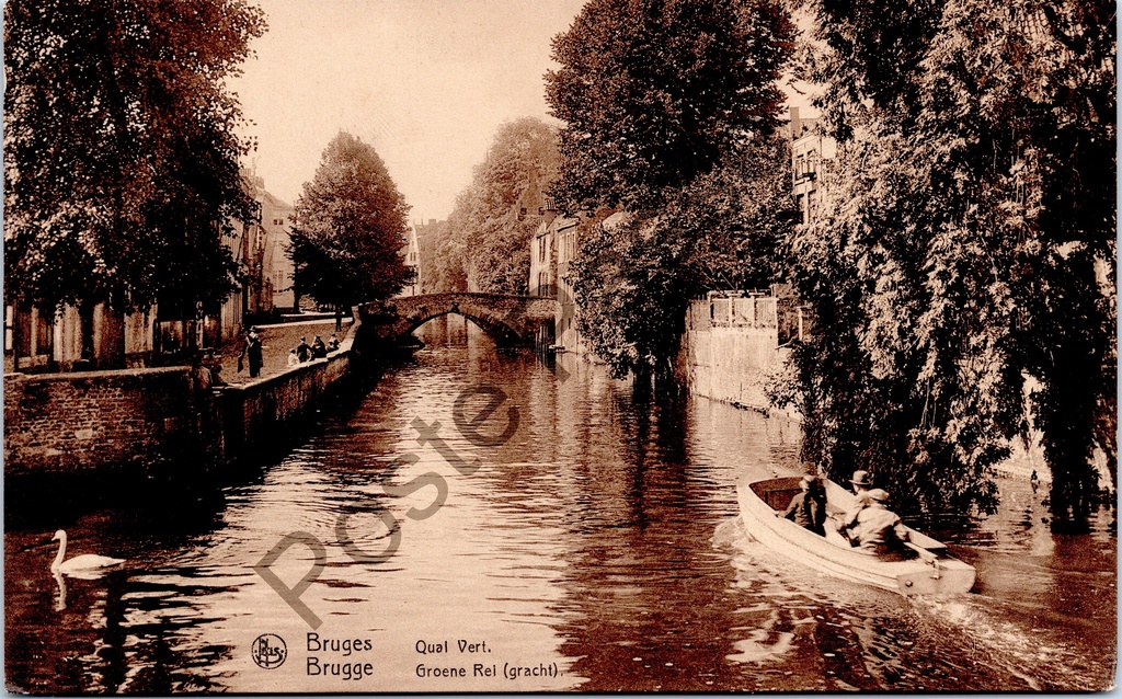 [Brugge0048] Bruges - "Quai Vert. Groene Rei (canal)." - View of the Groene Rei canal with swan and rowing boat