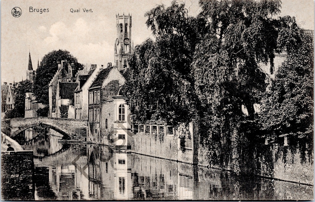 [Brugge0050] Bruges - "Bruges - Quai Vert." - View of the Groene Rei with bridge and Belfry