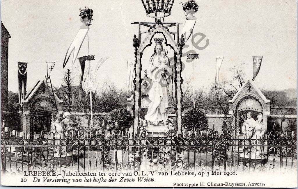 [Gent0258] Lebbeke - "The Decoration of the hofke der Zeven Weëen" - Decoration of the Hofje der Zeven Weeën during the Jubilee festivities in honour of O.L.V. van Lebbeke, 3 May 1908