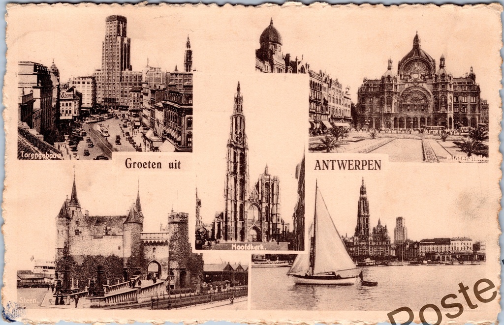 [Antwerpen38] Anvers - "Greetings from Antwerp" - Carte de vœux multiple avec le bâtiment de la tour, l'église principale, Het Steen et la gare centrale.