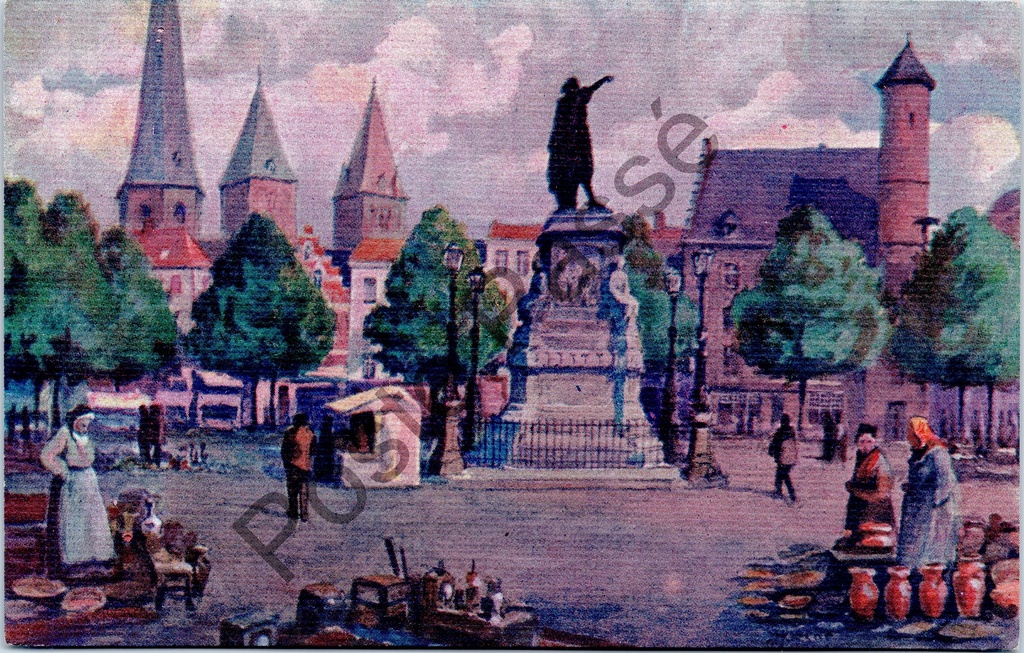 Gent - "De Vrijdagmarkt" - Aquarelkaart van de Vrijdagmarkt met standbeeld