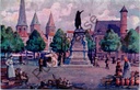 Gand - "Le Vrijdagmarkt" - Carte aquarellée du Vrijdagmarkt avec statue