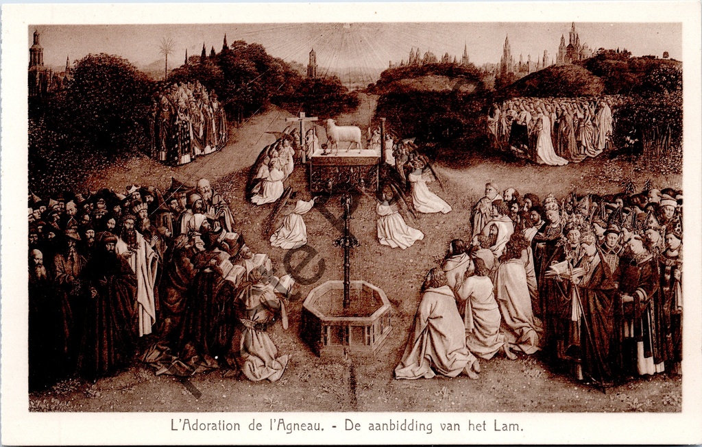 Gent - "L'Adoration de l'Agneau. - De aanbidding van het Lam." - Het Lam Gods, altaarstuk van Van Eyck in de Sint-Baafskathedraal