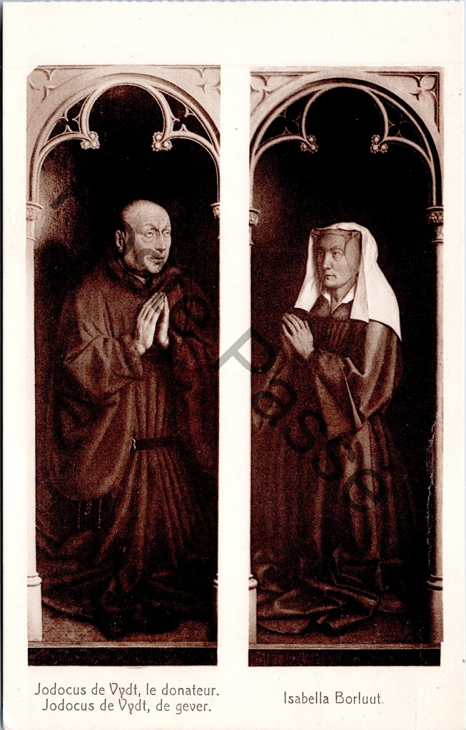 [Gent0540] Ghent - "Jodocus de Vydt, le donateur. / Isabella Borluut." - Panels of the Lamb of God with donors Jodocus de Vydt and Isabella Borluut