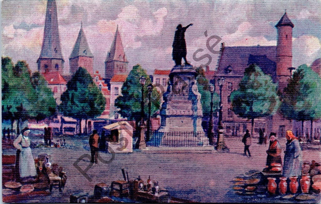 [Gent0556] Ghent - "The Vrijdagmarkt" - Watercolour map of the Vrijdagmarkt with market scene and monument