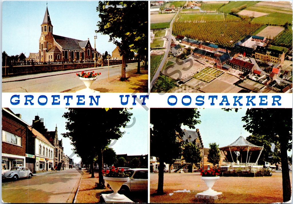 [Oostakker0134] Oostakker - "Greetings from Oostakker" - Vue multiple avec église, vue aérienne, rue du village et place du marché avec kiosque à musique