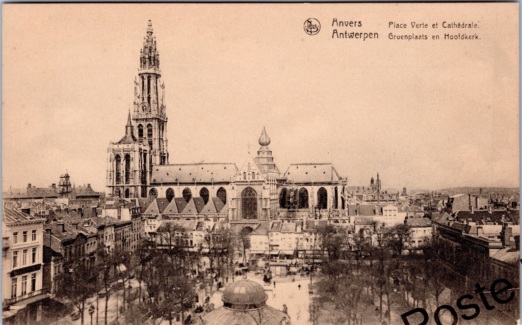 [Antwerpen44] Anvers - "Place Verte et Cathédrale / Groenplaats and Main Church" - Panorama aérien de la Groenplaats avec la Cathédrale Notre-Dame