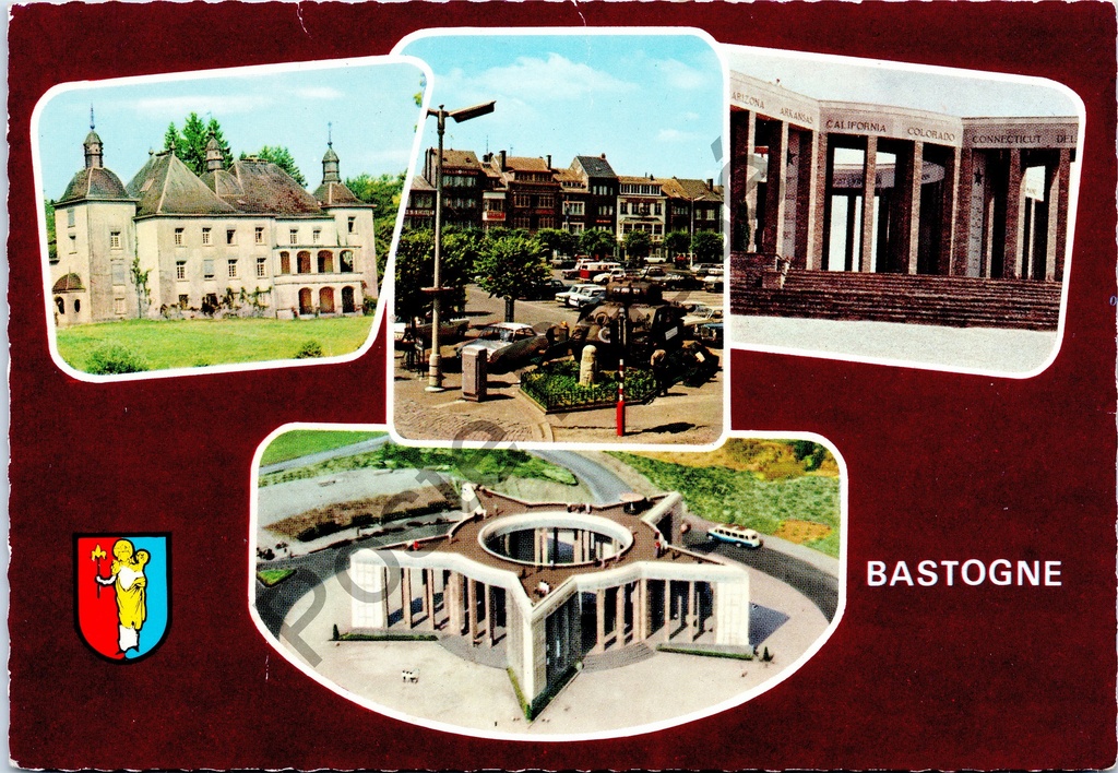 [Varia0202] Bastogne - "BASTOGNE" - Carte multiple avec Château de Bastogne, Place du Marché avec char, Mémorial de Mardasson