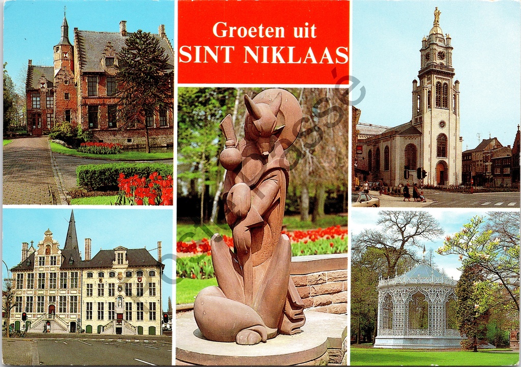 [Sint-Niklaas0250.jpg] Sint-Niklaas - "Groeten uit Sint Niklaas" - Meerzicht met stadhuis, kerk, kasteel, sculptuur en park