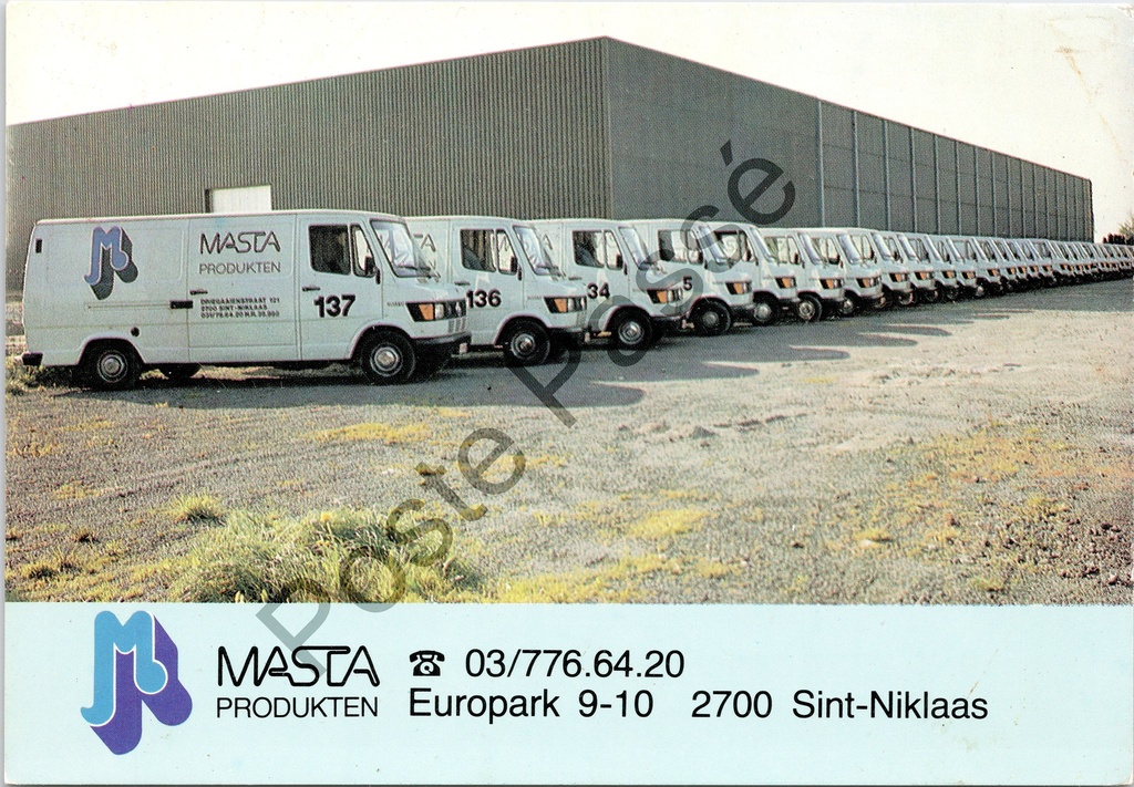 Sint-Niklaas - "MASTA PRODUKTEN" - Reclamekaart reinigingsmiddelenbedrijf met vloot bestelwagens
