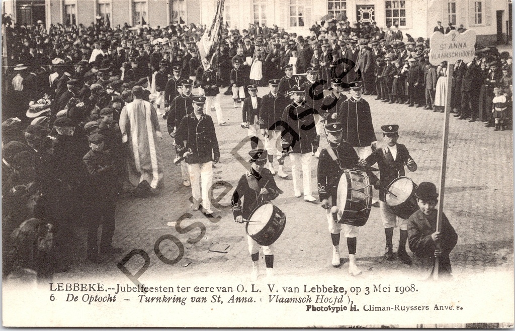 Lebbeke - "Jubelfeesten ter eere van O. L. V. van Lebbeke, op 3 Mei 1908" - Optocht Turnkring Sint-Anna tijdens jubelfeesten 1908