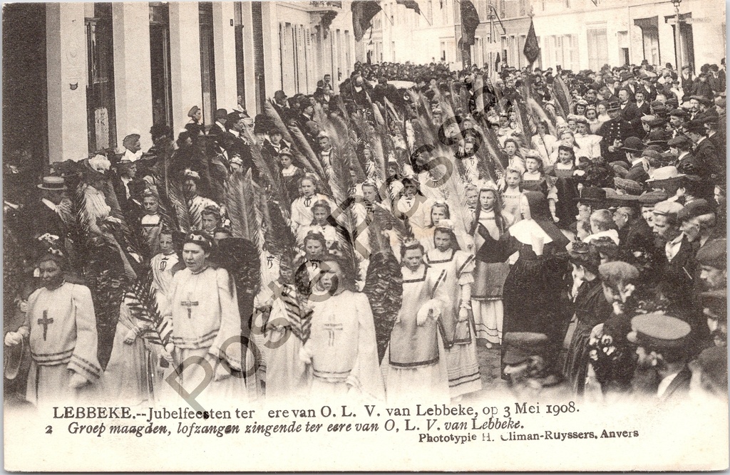 [Lebbeke0378.jpg] Lebbeke - "Jubelfeesten ter ere van O. L. V. van Lebbeke, op 3 Mei 1908" - Processie met groep maagden tijdens jubileumfeesten