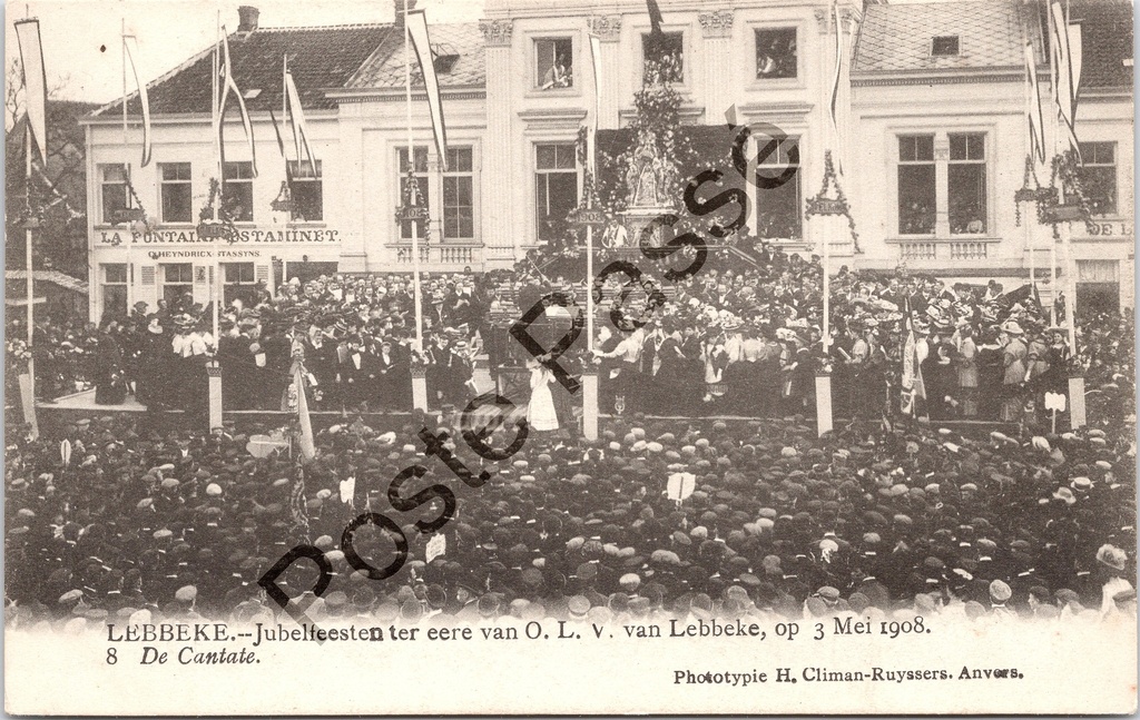 [Lebbeke0380.jpg] Lebbeke - "Jubelfeesten ter eere van O. L. V. van Lebbeke, op 3 Mei 1908" - De Cantate tijdens de jubelfeesten op de Grote Markt