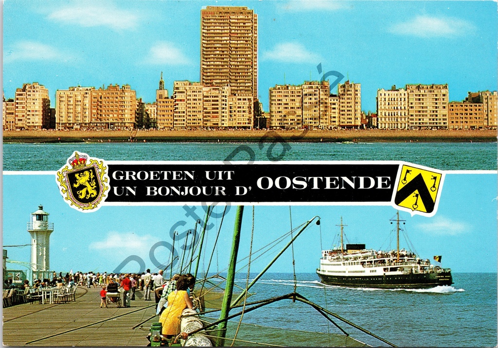 Oostende - "Groeten uit / Un Bonjour d'Oostende" - Zeefront, vuurtoren, wandeldijk en veerboot
